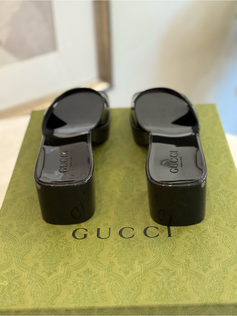 Gucci Black Patent Square-Toe Slide Mules - Picture 3 of 11